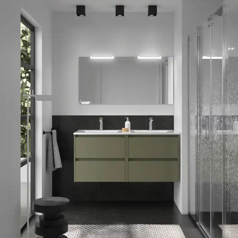 Meuble NOJA vert mat 4 tiroirs 120 cm avec une double vasque, miroir et éclairage LED réf 105439 SALGAR