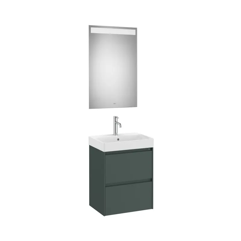 Meuble Ona compact 2 tiroirs + lave-mains en fineceramic + miroir led eidos 500mm vert mat réf A851698513 ROCA