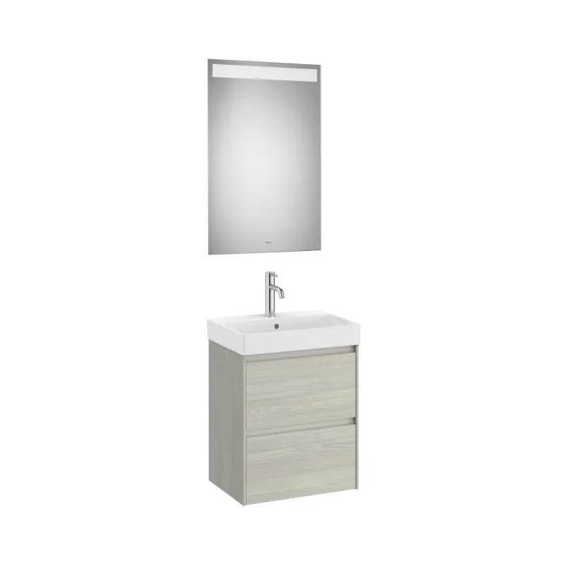 Meuble Ona compact 2 tiroirs + lave-mains en fineceramic + miroir led eidos 500mm chêne blanchi réf A851698512 ROCA
