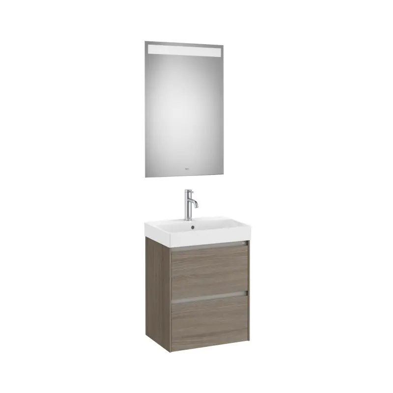 Meuble Ona compact 2 tiroirs + lave-mains en fineceramic + miroir led eidos 500mm orme foncé réf A851698511 ROCA