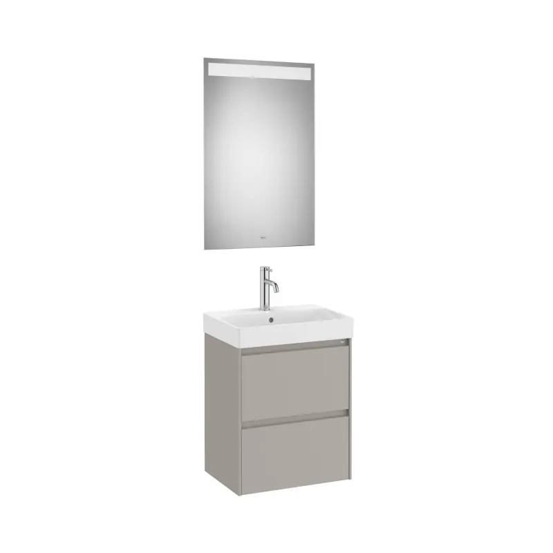 Meuble Ona compact 2 tiroirs + lave-mains en fineceramic + miroir led eidos 500mm gris mat réf A851698510 ROCA