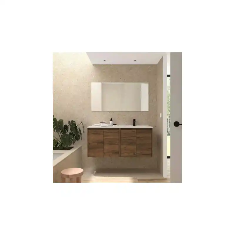 Meuble NOJA Noyer Maya 4 portes 120 cm avec vasque à droite, miroir et éclairage LED réf 119693 SALGAR