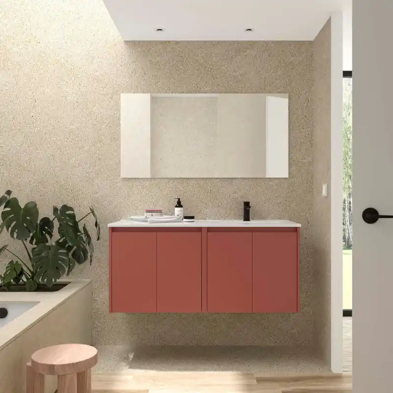 Meuble NOJA Rouge mat 4 portes 120 cm avec vasque à droite, miroir et éclairage LED réf 119690 SALGAR