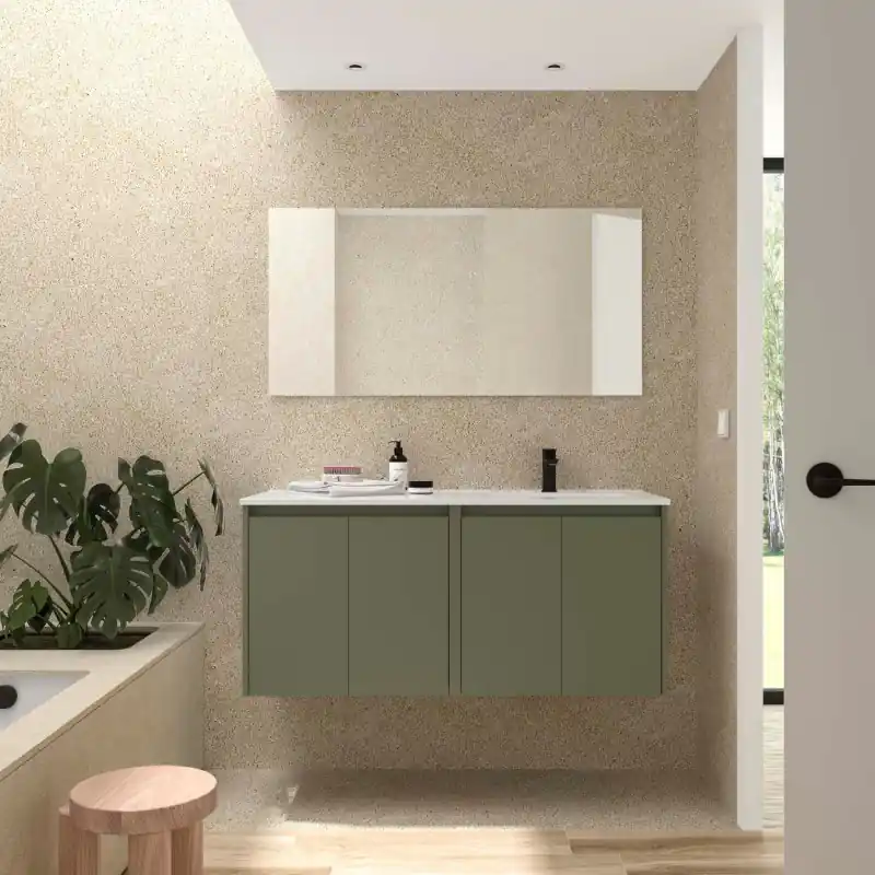 Meuble NOJA Vert mat 4 portes 120 cm avec vasque à droite, miroir et éclairage LED réf 119689 SALGAR