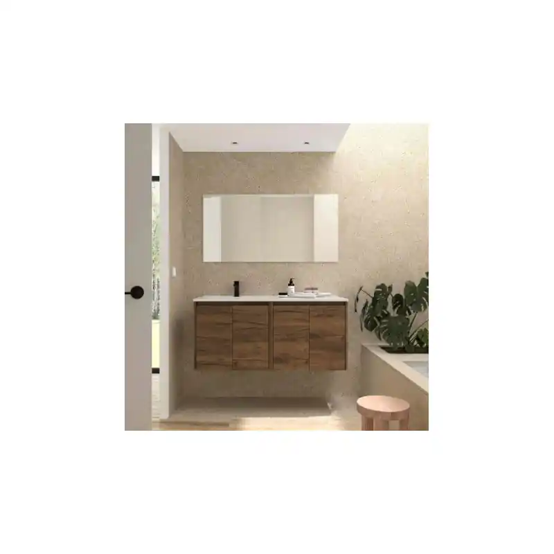 Meuble NOJA Noyer Maya 4 portes 120 cm avec vasque à gauche, miroir et éclairage LED réf 119683 SALGAR