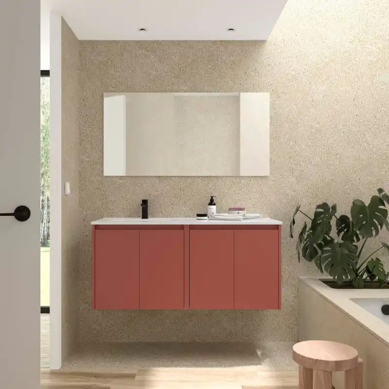 Meuble NOJA Rouge mat 4 portes 120 cm avec vasque à gauche, miroir et éclairage LED réf 119680 SALGAR
