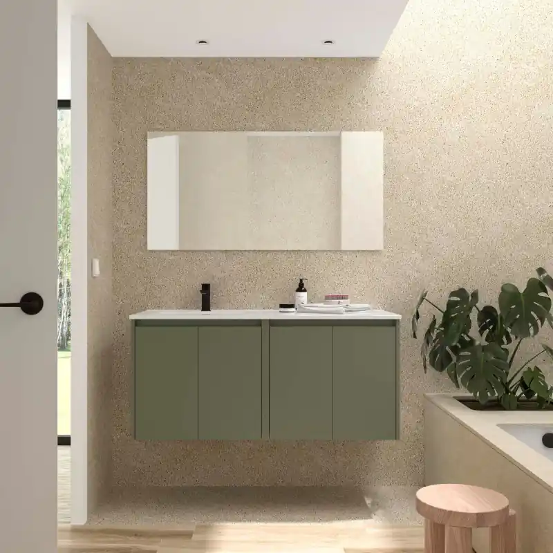 Meuble NOJA Vert mat 4 portes 120 cm avec vasque à gauche, miroir et éclairage LED réf 119679 SALGAR