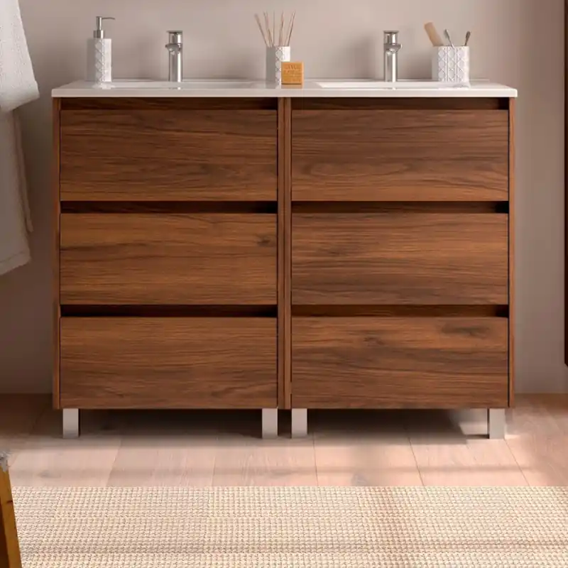 Meuble NOJA noyer maya 6 tiroirs 120 cm avec vasque réf 106240 SALGAR