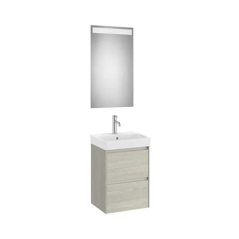 Meuble Ona compact 2 tiroirs + lave-mains en fineceramic + miroir led eidos 450mm chêne blanchi réf A851697512 ROCA