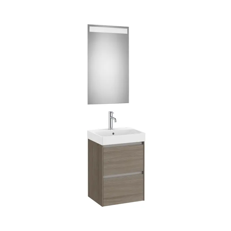 Meuble Ona compact 2 tiroirs + lave-mains en fineceramic + miroir led eidos 450mm orme foncé réf A851697511 ROCA