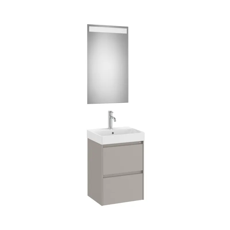 Meuble Ona compact 2 tiroirs + lave-mains en fineceramic + miroir led eidos 450mm gris mat réf A851697510 ROCA