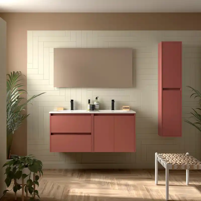Meuble NOJA Rouge mat 2 tiroirs 2 portes 120 cm avec double vasque, miroir et éclairage LED réf 119250 SALGAR