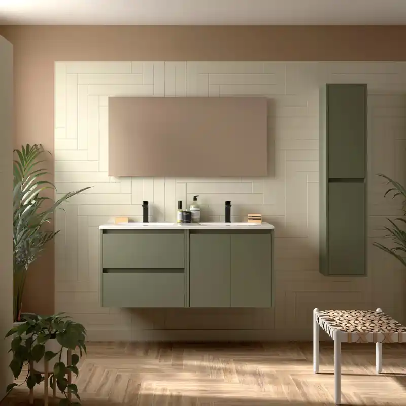 Meuble NOJA Vert mat 2 tiroirs 2 portes 120 cm avec double vasque, miroir et éclairage LED réf 119249 SALGAR