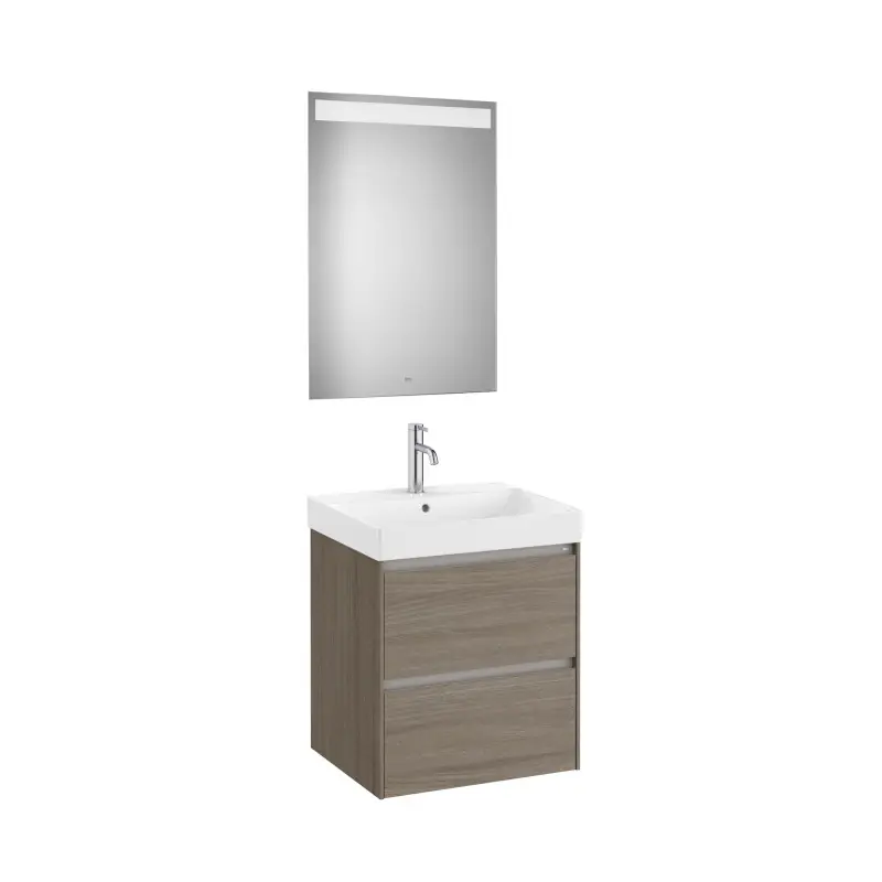 Meuble Ona 2 tiroirs + lavabo en fineceramic + miroir led eidos 550mm orme foncé réf A851703511 ROCA