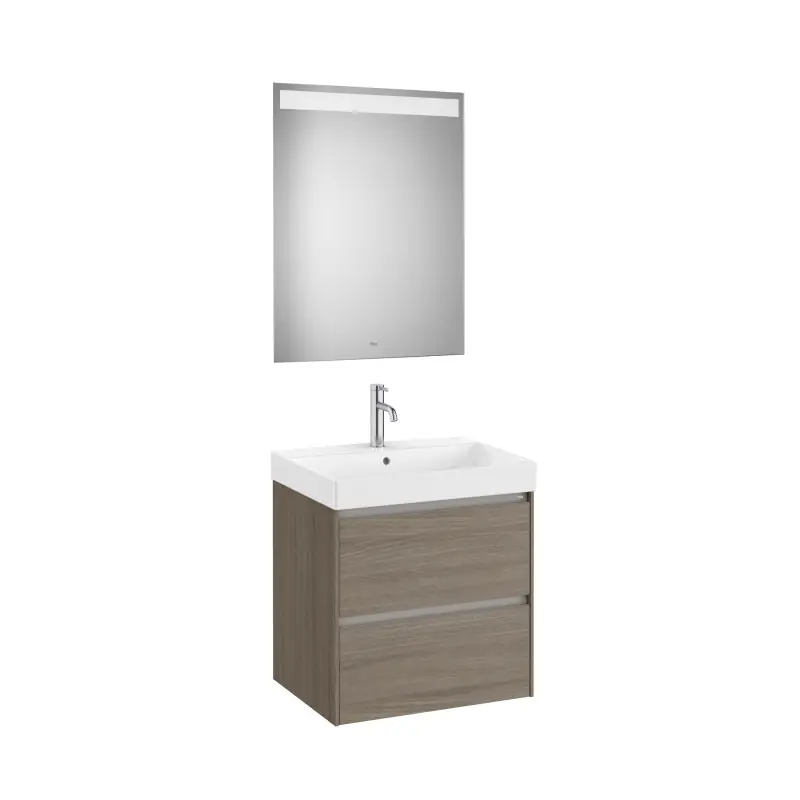 Meuble Ona 2 tiroirs + lavabo en fineceramic + miroir led eidos 600mm orme foncé réf A851704511 ROCA