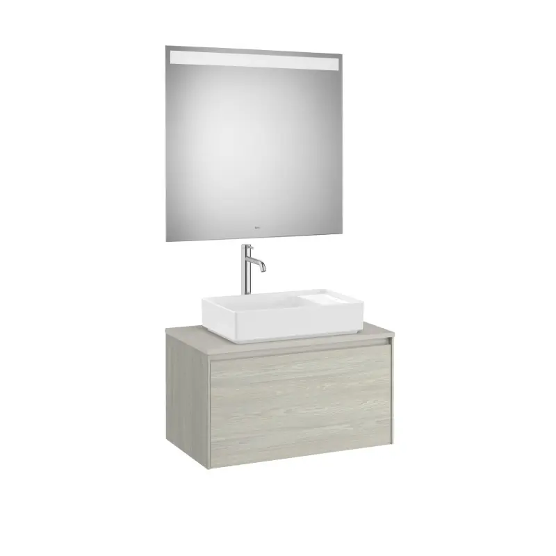 Meuble Ona 1 tiroir pour vasque à poser + miroir led eidos 800 chêne blanchi réf A851712512 ROCA