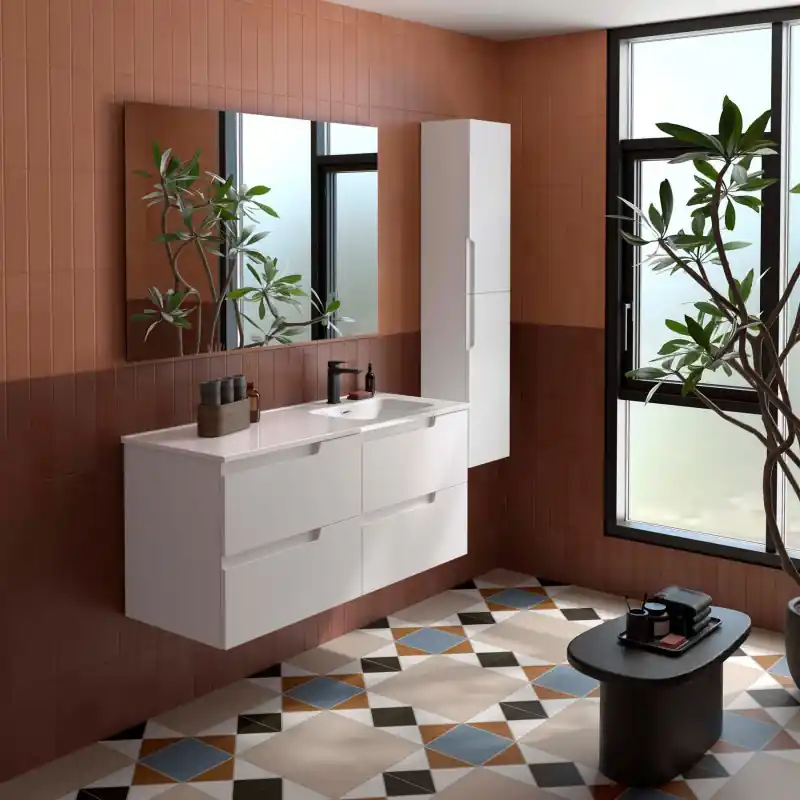 Meuble VIMA blanc mat 4 tiroirs 120 cm avec vasque à droite réf 118667 SALGAR