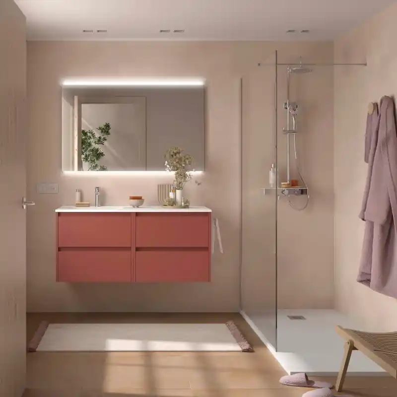 Meuble NOJA Rouge Mat 4 tiroirs 120 cm avec vasque à gauche, miroir et éclairage LED réf 119710 SALGAR