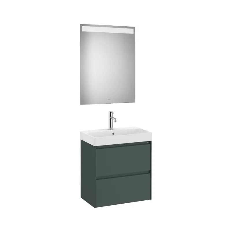 Meuble Ona compact 2 tiroirs + lave-mains en fineceramic + miroir led eidos 600mm vert mat réf A851700513 ROCA