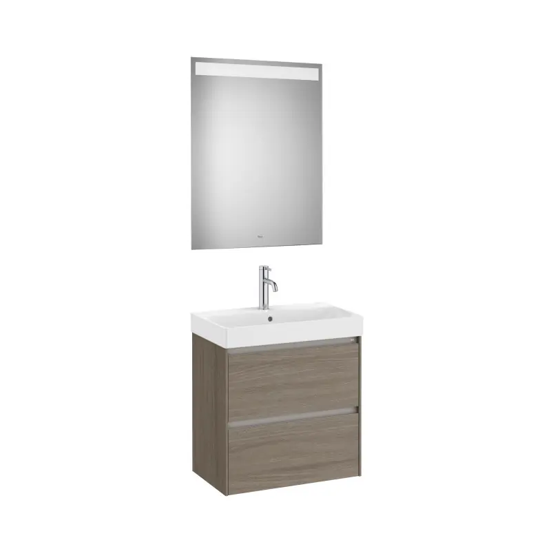 Meuble Ona compact 2 tiroirs + lave-mains en fineceramic + miroir led eidos 600mm orme foncé réf A851700511 ROCA