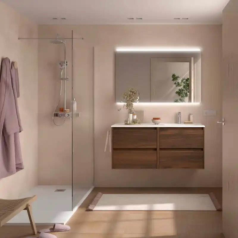 Meuble NOJA Noyer Maya 4 tiroirs 120 cm avec vasque à droite, miroir et éclairage LED réf 119703 SALGAR