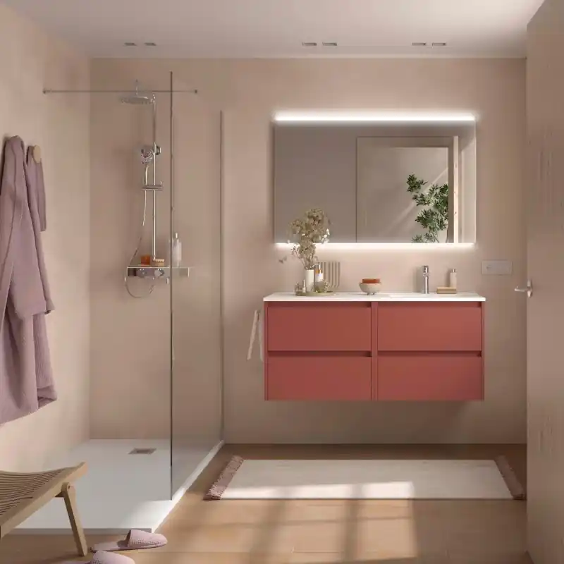 Meuble NOJA Rouge Mat 4 tiroirs 120 cm avec vasque à droite, miroir et éclairage LED réf 119700 SALGAR