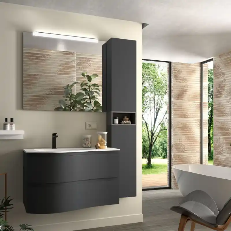 Meuble 90 cm vasque à gauche blanche brillante MAM 2 tiroirs anthracite mat réf 96736 SALGAR