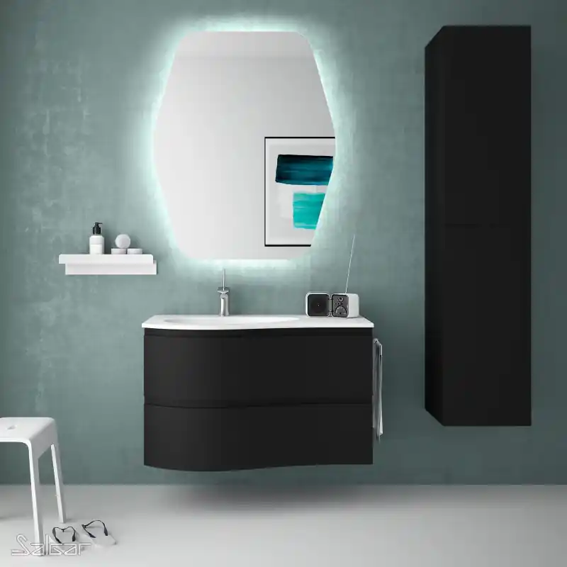 Meuble 90 cm vasque à gauche blanche brillante MAM 2 tiroirs black velvet réf 91032 SALGAR
