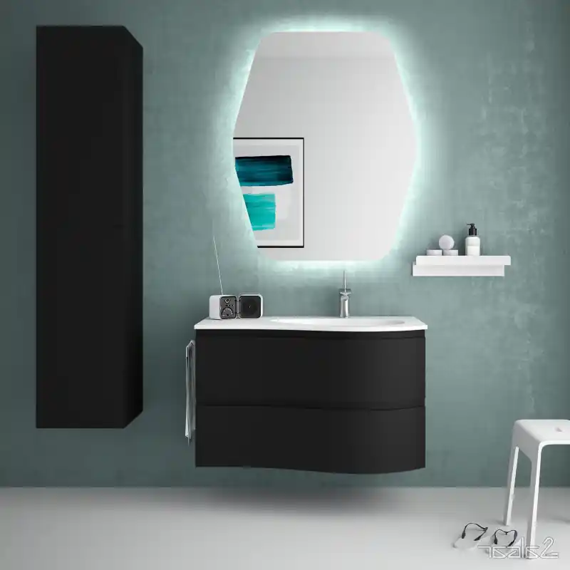 Meuble 90 cm vasque à droite blanc mat MAM 2 tiroirs black velvet réf 91031mat SALGAR