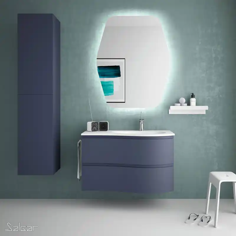 Meuble 90 cm vasque à droite blanche brillante MAM 2 tiroirs night blue réf 83864 SALGAR