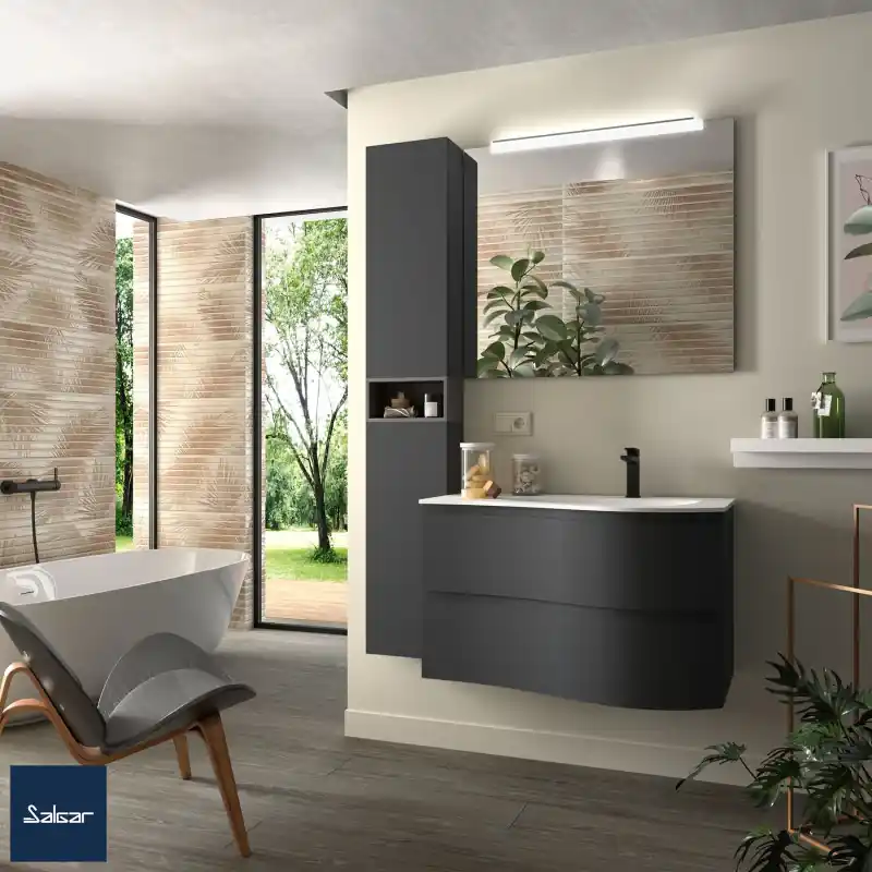 Meuble 90 cm vasque à droite blanche brillante MAM 2 tiroirs anthracite mat réf 96738 SALGAR