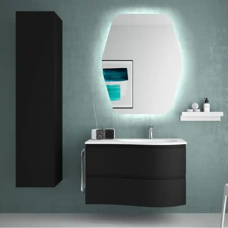 Meuble 90 cm vasque à droite blanche brillante MAM 2 tiroirs black velvet réf 91031 SALGAR