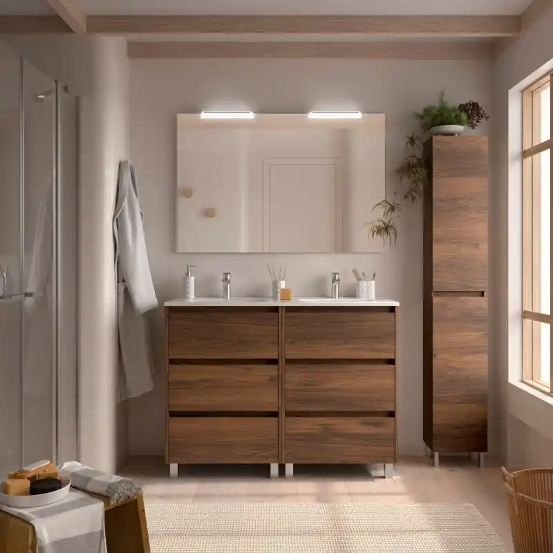 Meuble NOJA noyer maya 6 tiroirs 120 cm avec vasque, miroir et éclairage LED réf 106204 SALGAR