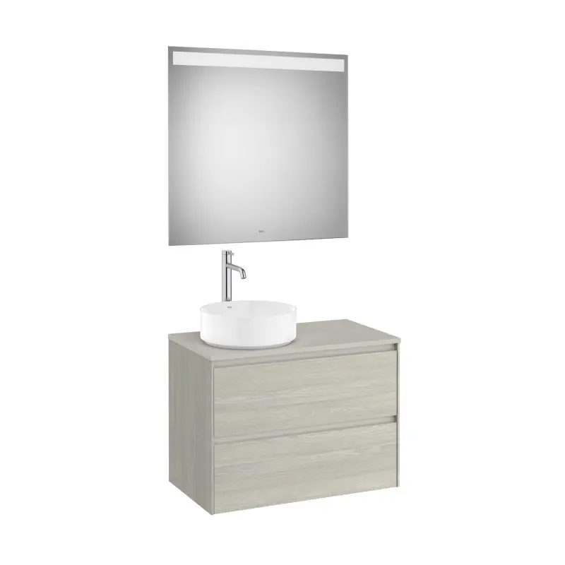 Meuble Ona 2 tiroirs pour vasque à poser gauche + miroir led eidos 800 chêne blanchi réf A851717512 ROCA