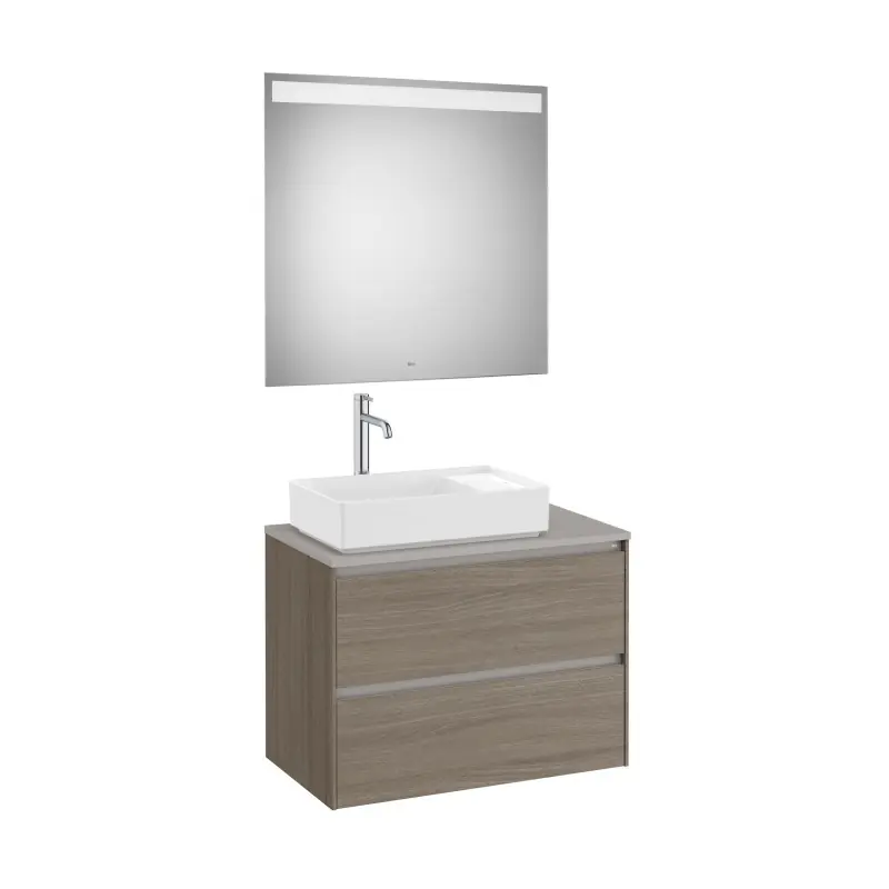 Meuble Ona 2 tiroirs pour vasque à poser gauche + miroir led eidos 800 orme foncé réf A851717511 ROCA
