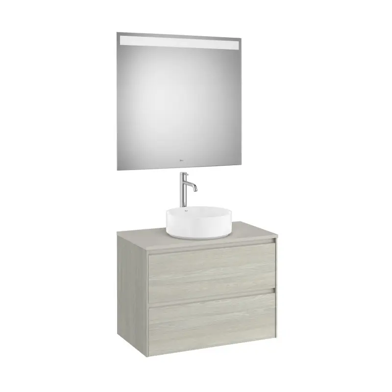 Meuble Ona 2 tiroirs pour vasque à poser + miroir led eidos 800 chêne blanchi réf A851716512 ROCA