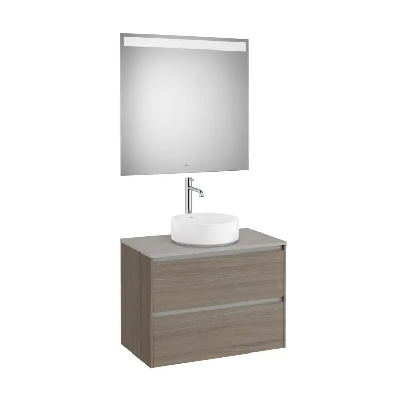 Meuble Ona 2 tiroirs pour vasque à poser + miroir led eidos 800 orme foncé réf A851716511 ROCA