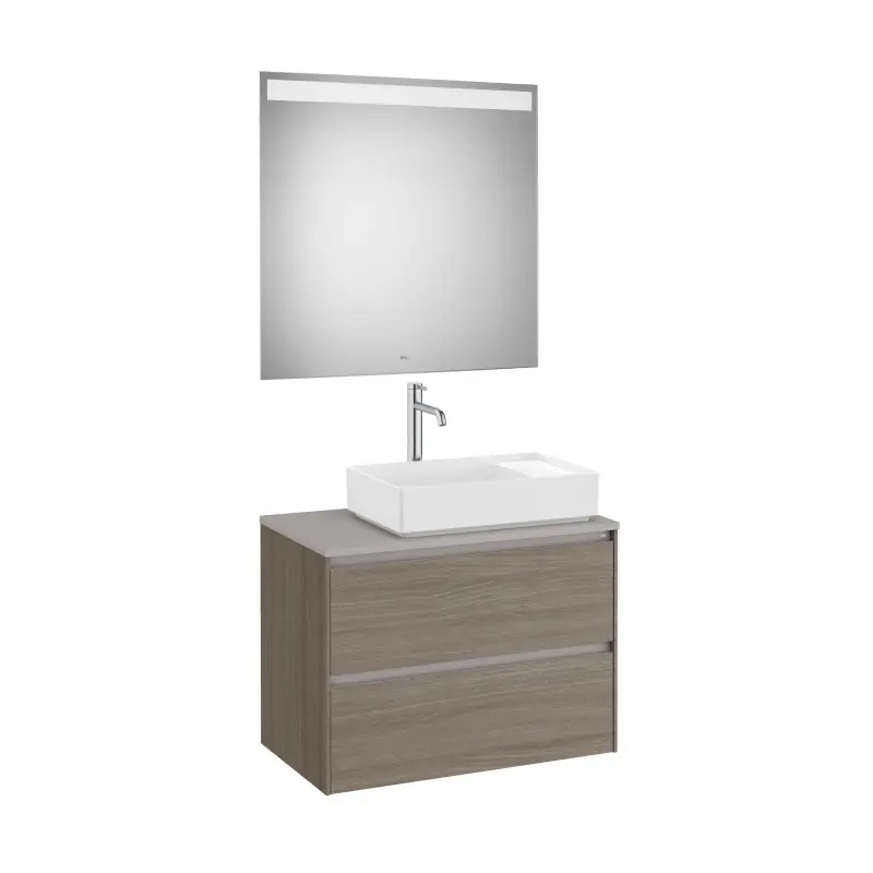 Meuble Ona 2 tiroirs pour vasque à poser droite + miroir led eidos 800 orme foncé réf A851715511 ROCA