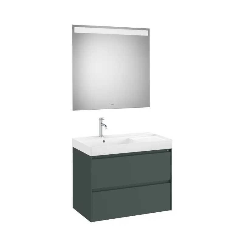 Meuble Ona 2 tiroirs + lavabo gauche en fineceramic + miroir led eidos 800mm vert mat réf A851708513 ROCA