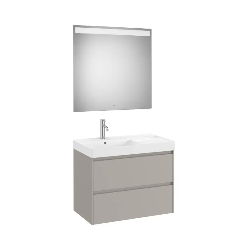 Meuble Ona 2 tiroirs + lavabo gauche en fineceramic + miroir led eidos 800mm gris mat réf A851708510 ROCA