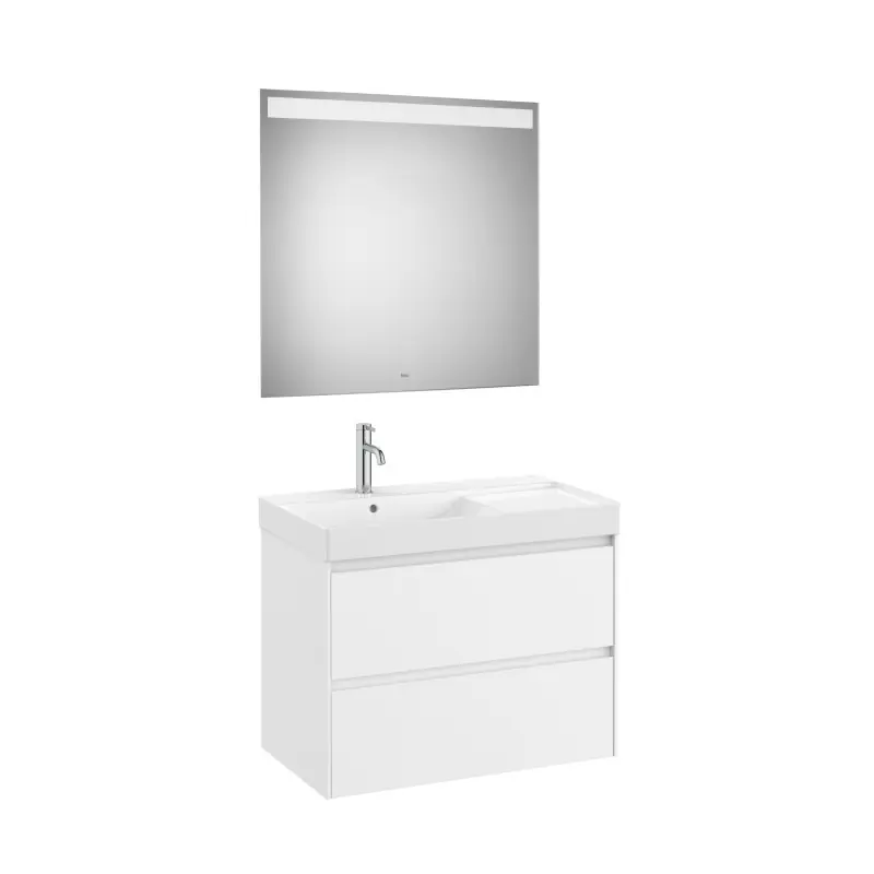 Meuble Ona 2 tiroirs + lavabo gauche en fineceramic + miroir led eidos 800mm blanc mat réf A851708509 ROCA