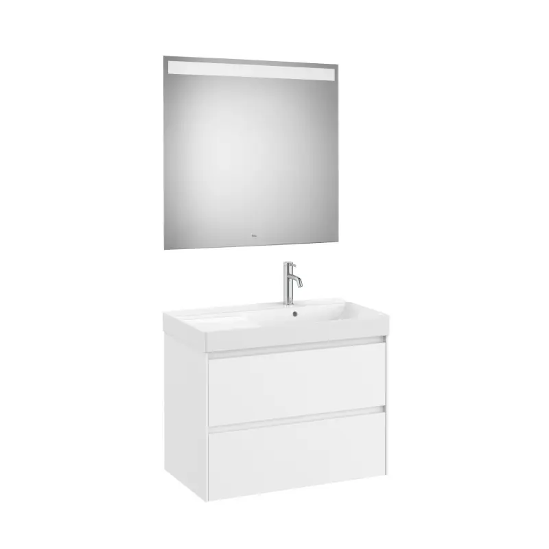 Meuble Ona 2 tiroirs + lavabo droite en fineceramic + miroir led eidos 800mm blanc mat réf A851706509 ROCA