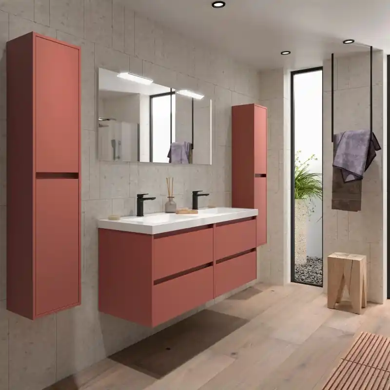 Meuble NOJA rouge mat 4 tiroirs 140 cm avec une double vasque, miroir et éclairage LED réf 105449 SALGAR