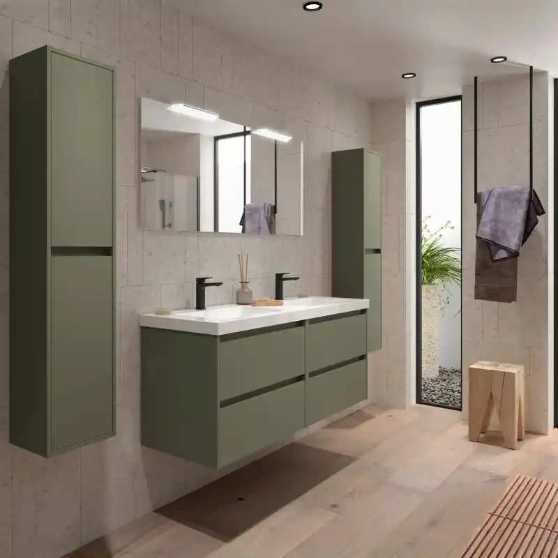 Meuble NOJA vert mat 4 tiroirs 140 cm avec une double vasque, miroir et éclairage LED réf 105448 SALGAR