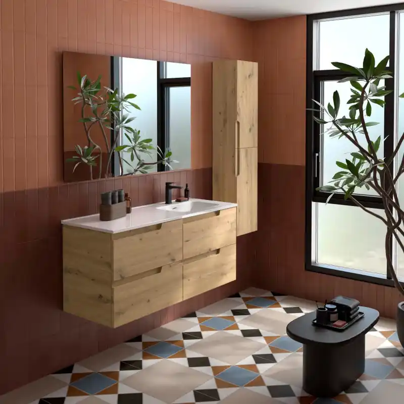 Meuble VIMA Chêne Montana 4 tiroirs 120 cm avec vasque à droite et miroir réf 118678 SALGAR