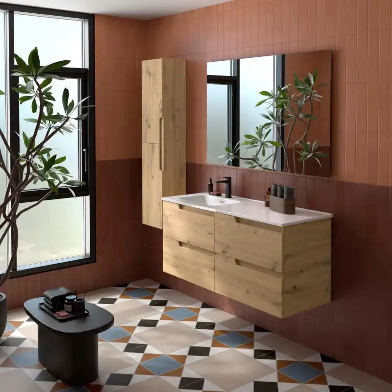 Meuble VIMA Chêne Montana 4 tiroirs 120 cm avec vasque à gauche et miroir réf 118674 SALGAR
