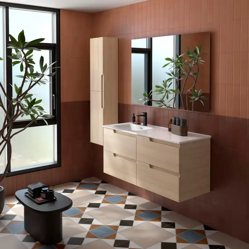 Meuble VIMA Chêne Sienna 4 tiroirs 120 cm avec vasque à gauche et miroir réf 118673 SALGAR