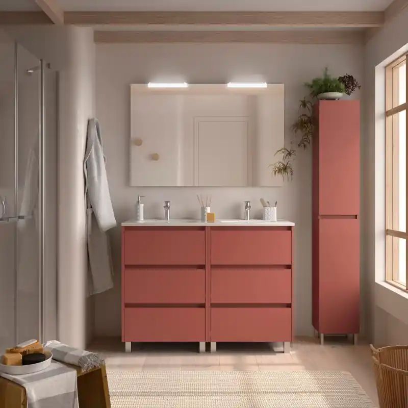 Meuble NOJA rouge mat 6 tiroirs 120 cm avec vasque, miroir et éclairage LED réf 106201 SALGAR
