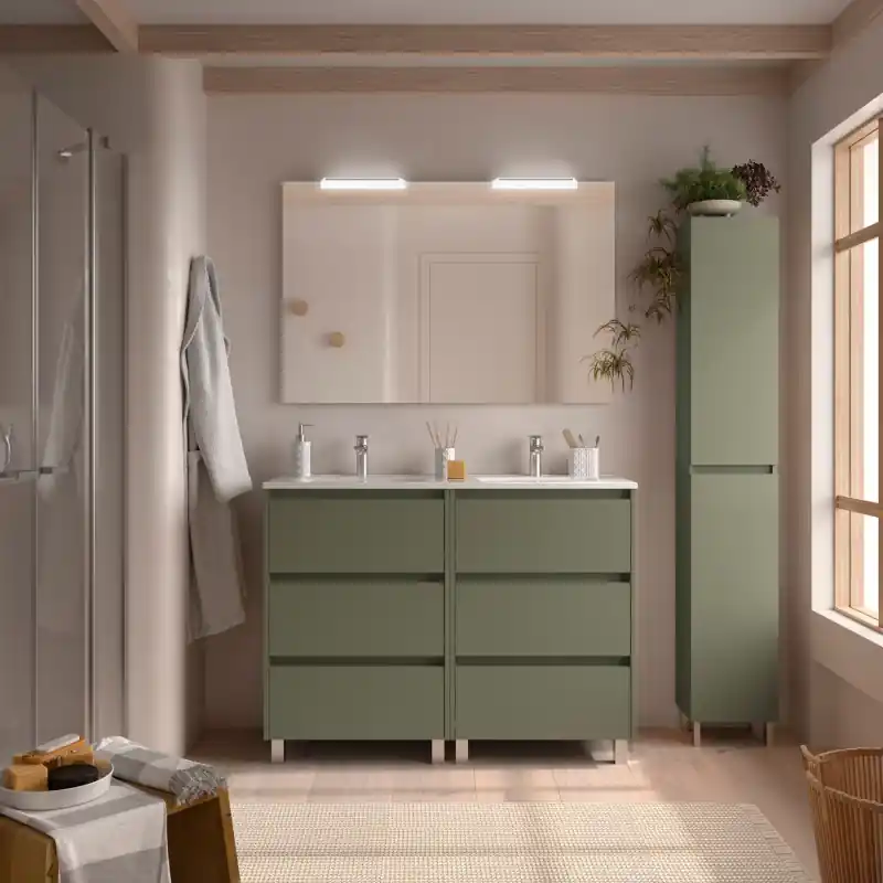 Meuble NOJA vert mat 6 tiroirs 120 cm avec vasque, miroir et éclairage LED réf 106200 SALGAR