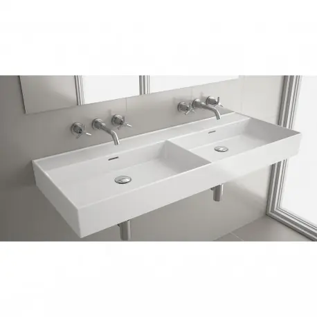 Plan vasque VENETO 1210 double PORCELAINE BLANCHE deux vasques sans siphon, ni bonde de vidage clic-clac, ni mitigeur 1210 x 120